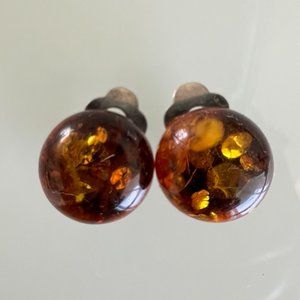 Vintage Honey Cognac Baltic Amber Stone Clip On Earrings